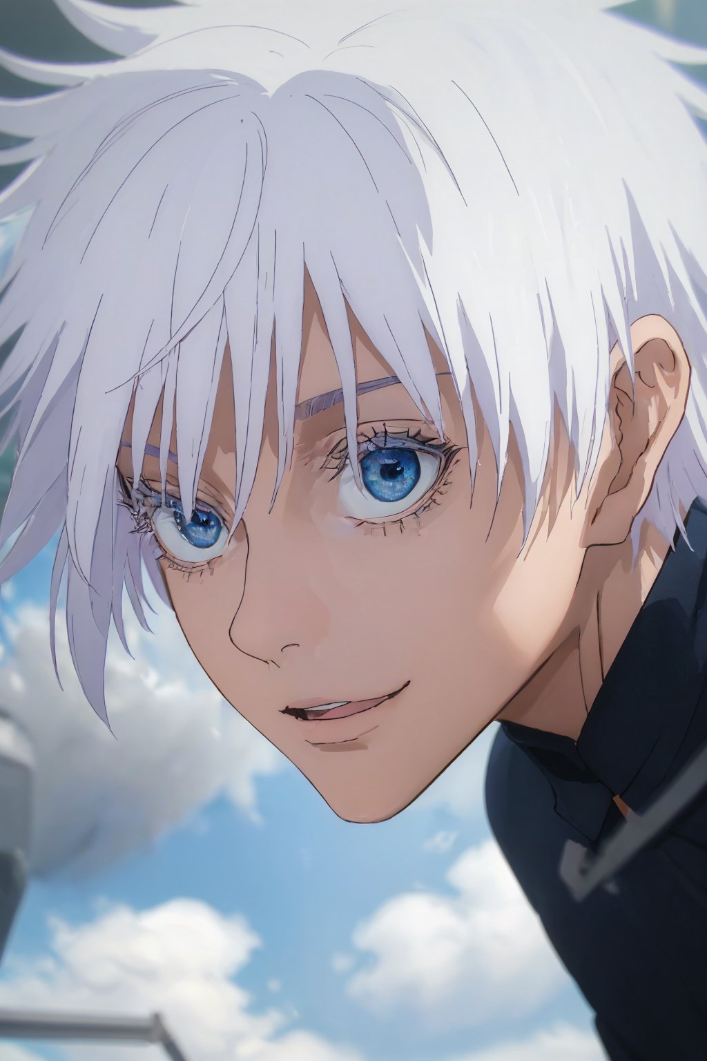 (best quality,4k,8k,highres,masterpiece:1.2),ultra-detailed,(realistic,photorealistic,photo-realistic:1.37),jujutsu Kaisen, Satoru Gojo, blindfold, white hair, cinematic,illustration,sharp focus,portrait,detailed wrinkles,menacing expression,beautiful detailed eyes,striking pose,background with Japanese symbols,strong aura vibrant colors,contrasting dark shadows,key light emphasizing the facial features,atmospheric lighting,subtle color grading