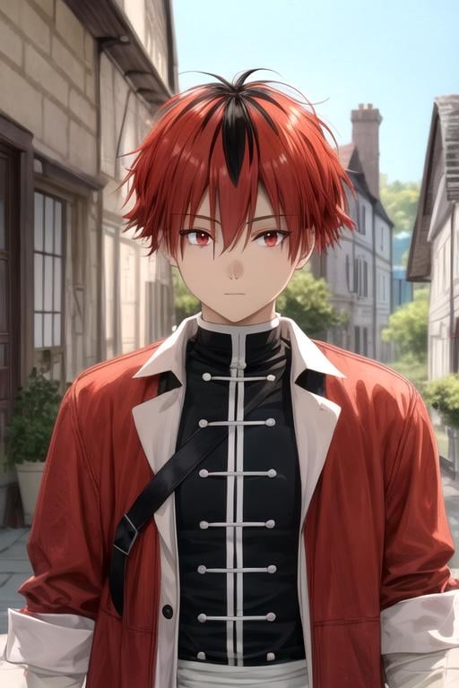 masterpiece, best quality, sketch, 1boy, solo, male focus, looking at viewer, upper body, depth of field, anime coloring, , <lora:stark_sousou_no_frieren:0.70>, stark_sousou_no_frieren, red hair, red eyes, multicolored hair, black hair, two-tone hair, geek costume, The Isle of the Dragon, HD-DVD
