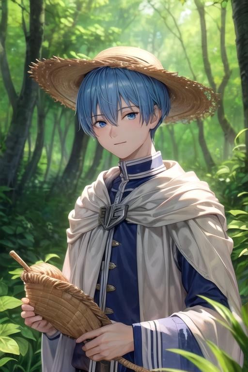 masterpiece, best quality, game cg, 1boy, solo, male focus, looking at viewer, upper body, depth of field, ligne claire, , <lora:himmel_sousou_no_frieren:0.82>, himmel_sousou_no_frieren, blue hair, blue eyes, , straw hat, An enchanted forest where magical creatures and plants abound,