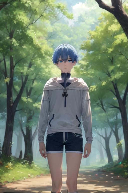 masterpiece, best quality, wallpaper, 1boy, solo, male focus, looking at viewer, , , , , <lora:himmel_sousou_no_frieren:0.70>, himmel_sousou_no_frieren, blue hair, blue eyes, swim trunks, , The Forest of Mirrors: A place where reality is distorted and nothing is as it seems, HD