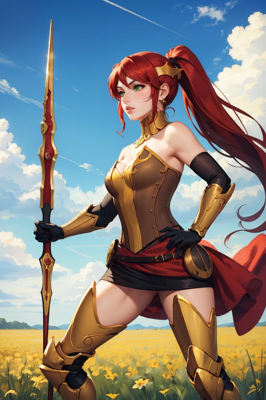 masterpiece, best quality,  <lora:pyrrha-nvwls-v1-000008:0.9> pyrrha nikos, ponytail, circlet, bustier, large breasts, skirt, elbow gloves, bracers, armored boots, dynamic pose, holding weapon, spear, furrowed brow, field, sky