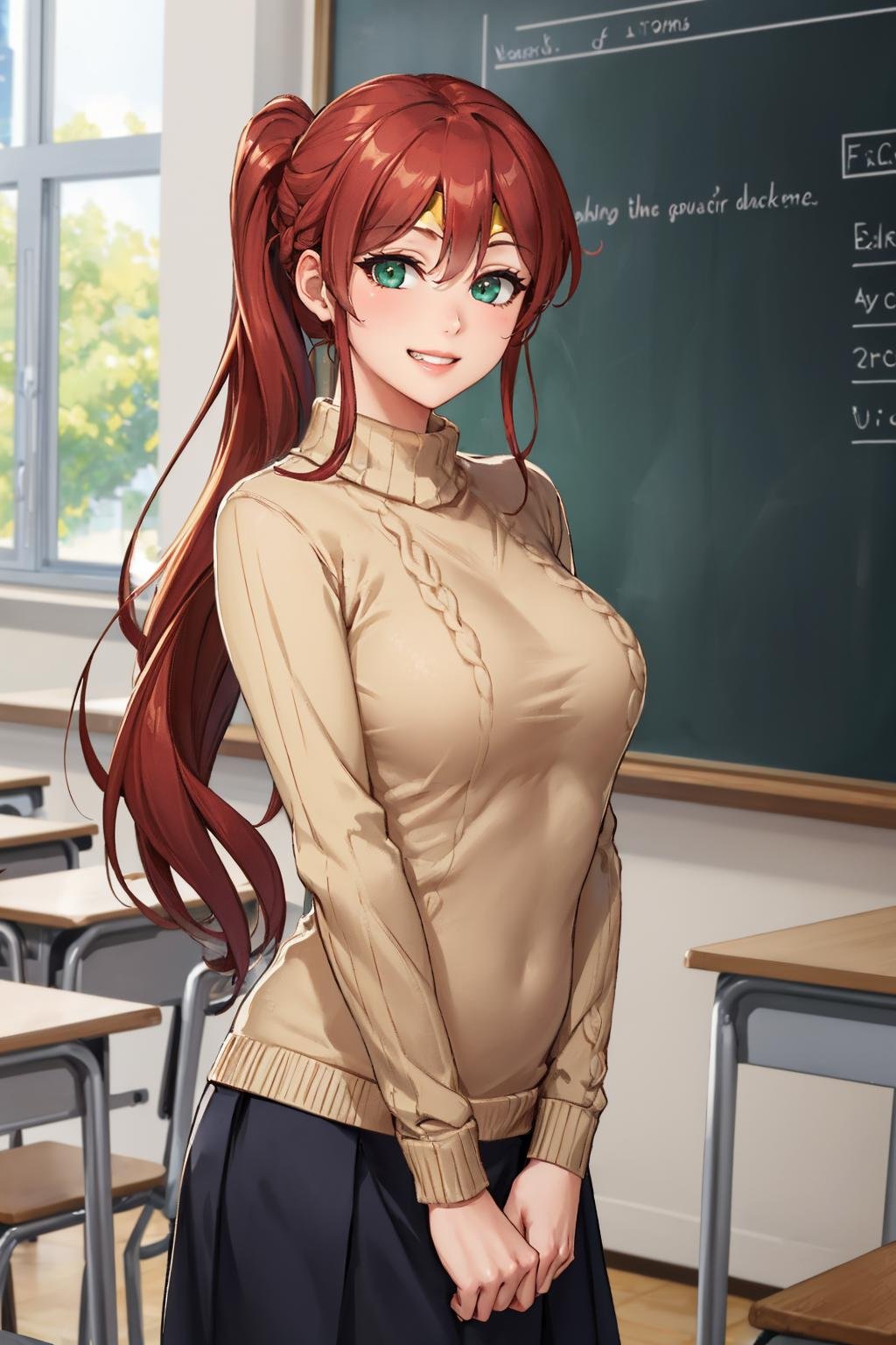 masterpiece, best quality,  <lora:pyrrha-nvwls-v1-000008:0.9> pyrrha nikos, ponytail, circlet, cable-knit sweater, large breasts, khakis, arms at sides, grin, looking at viewer, school, classroom, chalkboard