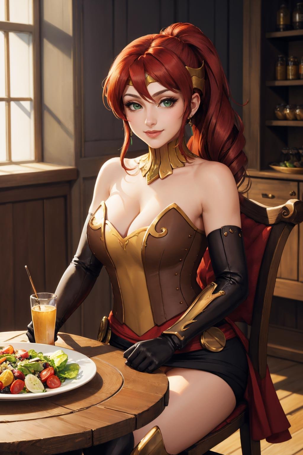 masterpiece, best quality,  <lora:pyrrha-nvwls-v1-000008:0.9> pyrrha nikos, ponytail, circlet, bustier, large breasts, skirt, elbow gloves, bracers, armored boots, sitting, table, tavern, chair, looking at viewer, salad, smile