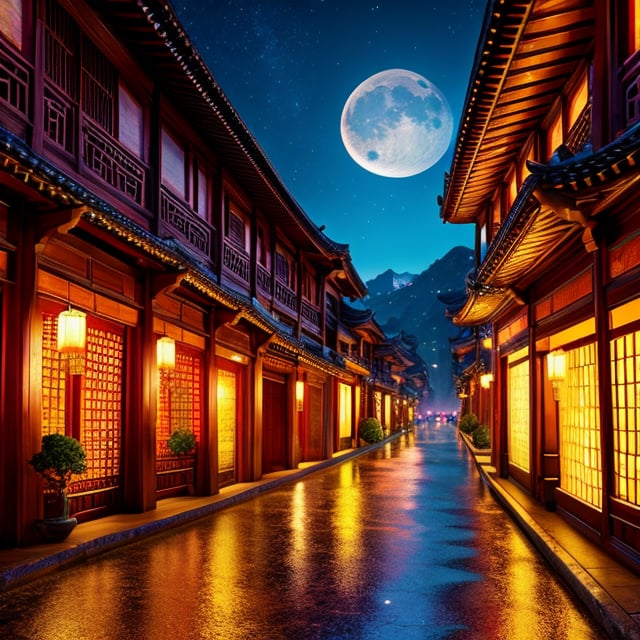 Official Art, Ancient China, Ancient Streets, (Lots of Fireflies), (Night), (Moon), Lights, Beautiful Landscapes, Epic Landscapes, Realistic Lighting, Masterpieces, High Quality, Beautiful Graphics, High Detail, Global Illumination, Unreal Engine Rendering, Octane Rendering, (HDR:1.3)