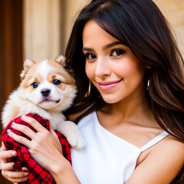 Cute puppy. Beautiful puppy. Adorable puppy. Portrait of a woman in a white dress, holding a book with delicate hands, expressing beauty and strength. Detailed portrait of an indigenous woman in cartoon style, with beautiful eyes, quick brushstrokes and vibrant colors. Cute puppy. Beautiful puppy. Masterpiece of a cute puppy, with red and white fur. Italian girl posing, detailed face, dark hair, athletic body, wearing red flannel and jeans. Soft hair, happy smile, cute Italian.