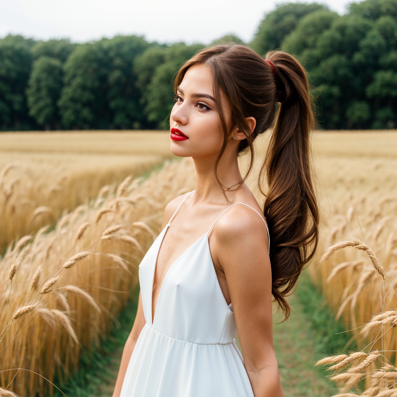 (masterpiece:1.4),, (best quality:1.4),, ultra-high res,, 8K, CG,, (extremely delicate and beautiful:1.2),, , upper body,, from side,, looking at viewer,, , 1girl,, solo,, fashi-girl,, mature girl,, , cute, sweet,, , in the wheat field,, blurry background,, , long brown hair,, ponytail hair,, , brown eyes,, closed mouth,, red lips,, , face brushed by the wind,, , white dress,, medium breasts,