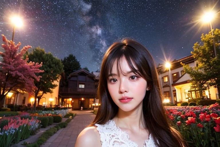 top quality, high_resolution, distinct_image, detailed background, girl, flower, garden, starry sky, ,girl,realistic