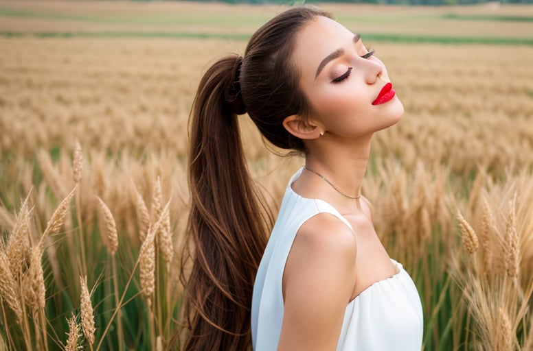(masterpiece:1.4),, (best quality:1.4),, ultra-high res,, 8K, CG,, (extremely delicate and beautiful:1.2),, , upper body,, from side,, looking at viewer,, , 1girl,, solo,, fashi-girl,, mature girl,, , cute, sweet,, , in the wheat field,, blurry background,, , long brown hair,, ponytail hair,, , brown eyes,, closed mouth,, red lips,, , face brushed by the wind,, , white dress,, medium breasts,