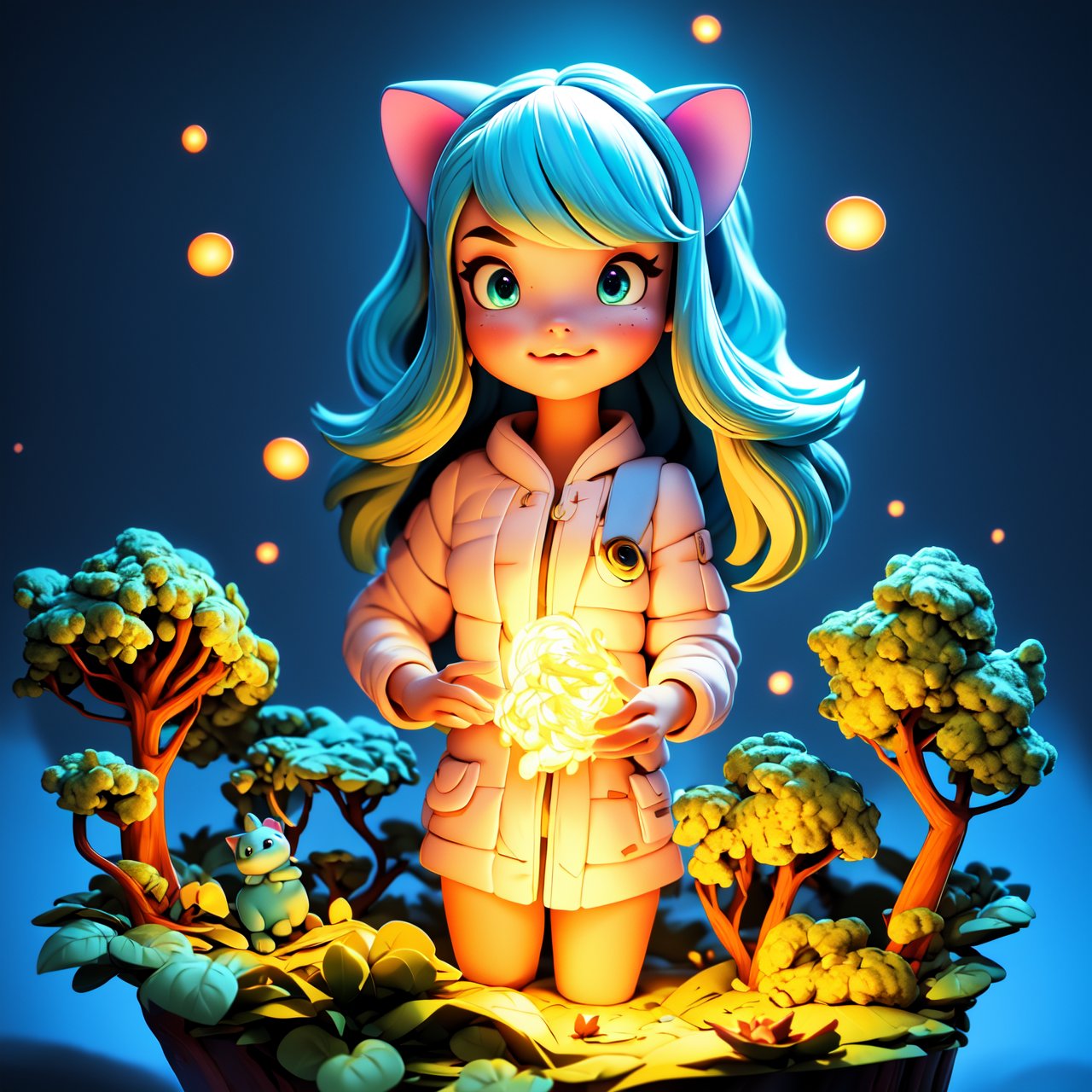 (best quality,4k,8k,highres,masterpiece:1.2),ultra-detailed,1girl cat,bioluminescent organisms,mysterious glowing forest,soft glow from the girl's hands