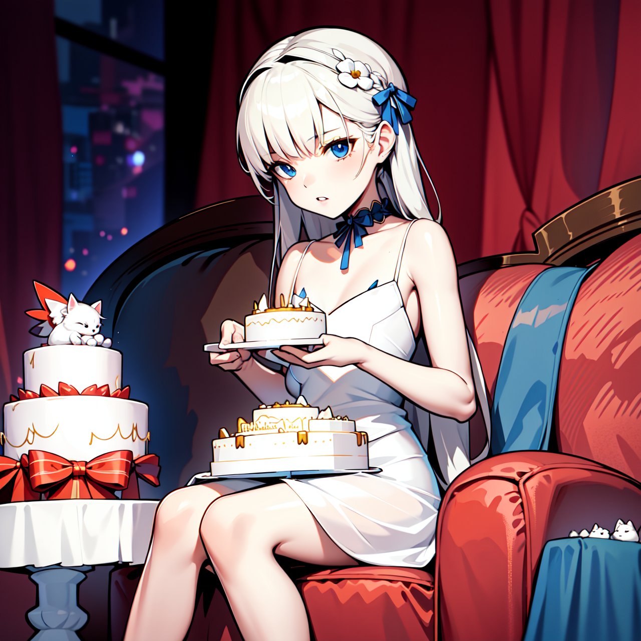 The woman is sitting on the sofa with a small white Pomeranian crawling on her lap, opposite a birthday cake, making a wish to the birthday cake, celebrating her birthday, she is about 1 6 years old, white skin, delicate facial features, 