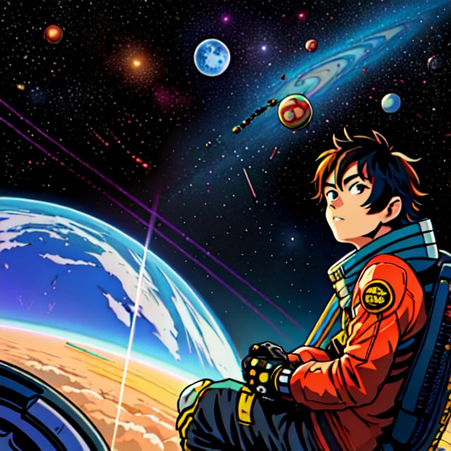 anime guy sitting on the ground looking at the planet, space cowboy, cyber space cowboy, inspired by Josan Gonzalez, makoto shinkai ( apex legends ), akira artstyle, ross tran style, akira vibes, akira art style, floating beside planets, josan gonzales, sci - fi art!!!!!!!, josan gonzales!!!, in space, modern sci-fi anime