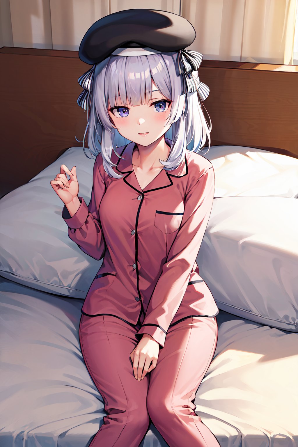 masterpiece, best quality, highres, aaarisu, medium hair, braid, blunt bangs, beret, black headwear, hat ribbon, <lora:sakayanagi_arisu_v1:0.7>, pajama, bed, indoors, room, pillow, 