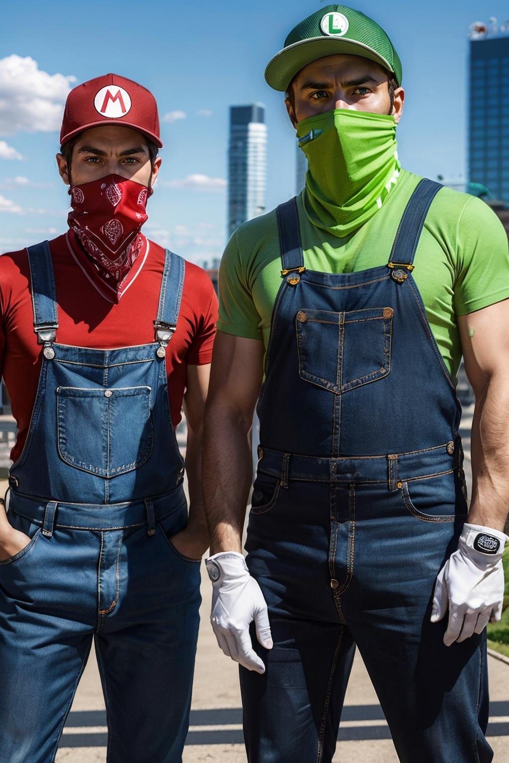 2 men wearing a bandana mask, standing, hands on hips, looking at viewer, serious, outside, city,  park, blue sky, extreme detail, masterpiece, <lora:Bandana_Mask:.5> <lora:SuperMario:.8>, mario, red hat, red shirt, white gloves, overalls, blue eyes, wearing a red bandana mask, 