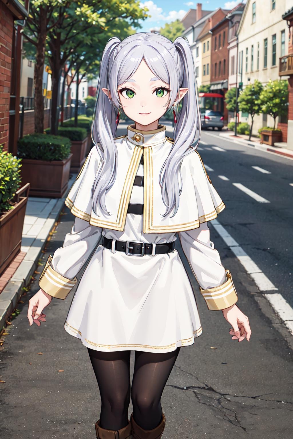 masterpiece,best quality,highres,ultra-detailed,frieren,green eyes,long hair,twintails,parted bangs,earrings,jewelry,dress,long sleeves,white capelet,belt,black pantyhose,boots,brown footwear,<lora:frieren:0.6>,outdoors,street,standing,smile,cowboy shot, 