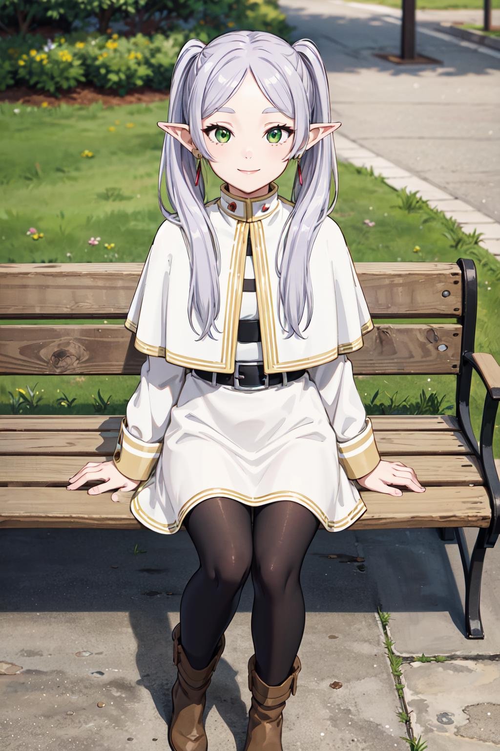 masterpiece,best quality,highres,ultra-detailed,frieren,green eyes,long hair,twintails,parted bangs,earrings,jewelry,dress,long sleeves,white capelet,belt,black pantyhose,boots,brown footwear,<lora:frieren:0.6>,outdoors,bench,sitting,smile,