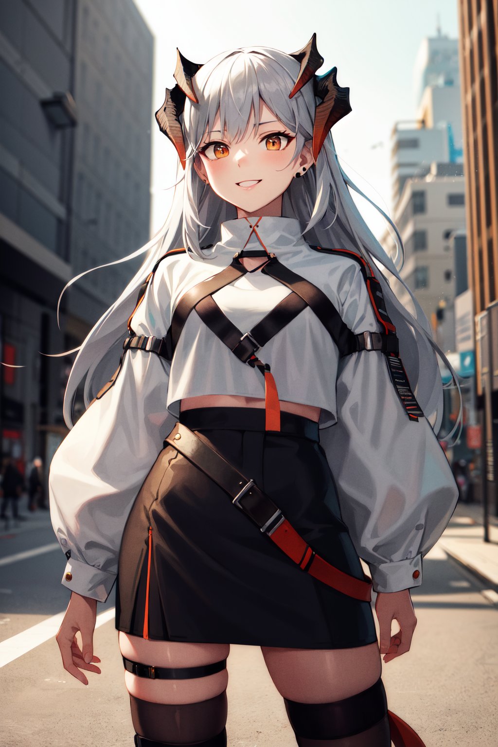 masterpiece, best quality, highres, aasaria, long hair, horns, earrings, white shirt, long sleeves, puffy sleeves, black skirt, thigh strap, single thighhigh, black thighhighs, <lora:saria_(arknights)_v1:0.8>, standing, cowboy shot, city, cyberpunk, street, smile,