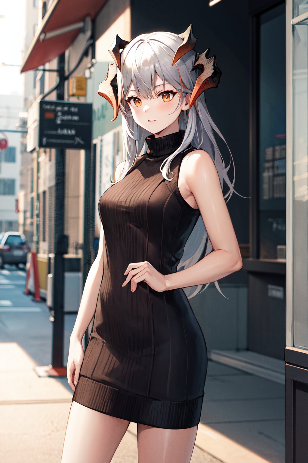 masterpiece, best quality, highres, aasaria, long hair, horns, <lora:saria_(arknights)_v1:0.8>, sweater dress, ribbed sweater, sleeveless, street, standing, cowboy shot, 