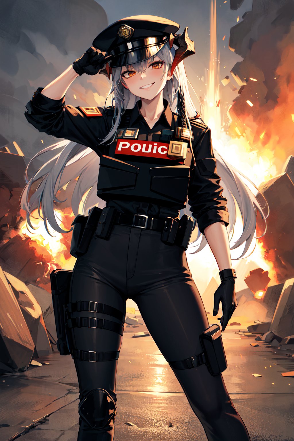 masterpiece, best quality, highres, aasaria, long hair, horns, police hat, black headwear, police uniform, tactical clothes, black shirt, collared shirt, walkie-talkie, sleeves rolled up, single glove, black gloves, belt, black pants, knee pads, <lora:saria_(arknights)_v1:0.8>, (explosion:1.1), standing, smirk,
