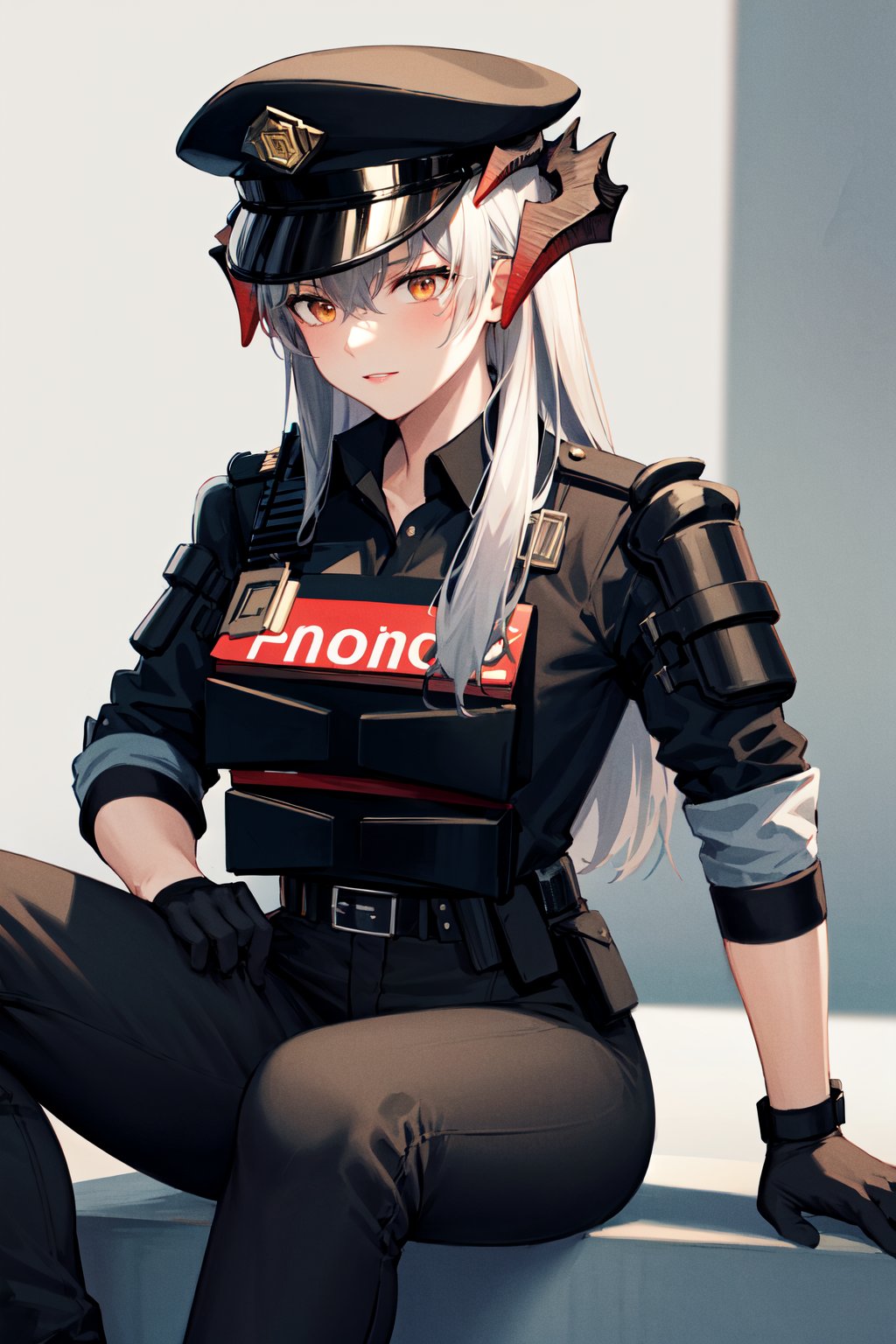 masterpiece, best quality, highres, aasaria, long hair, horns, police hat, black headwear, police uniform, tactical clothes, black shirt, collared shirt, walkie-talkie, sleeves rolled up, single glove, black gloves, belt, black pants, knee pads, <lora:saria_(arknights)_v1:0.8>