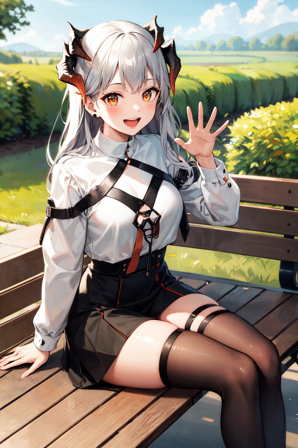 masterpiece, best quality, highres, aasaria, long hair, horns, earrings, white shirt, long sleeves, puffy sleeves, black skirt, thigh strap, single thighhigh, black thighhighs, <lora:saria_(arknights)_v1:0.8>, sitting, bench, outdoors, waving, smile, open mouth, 