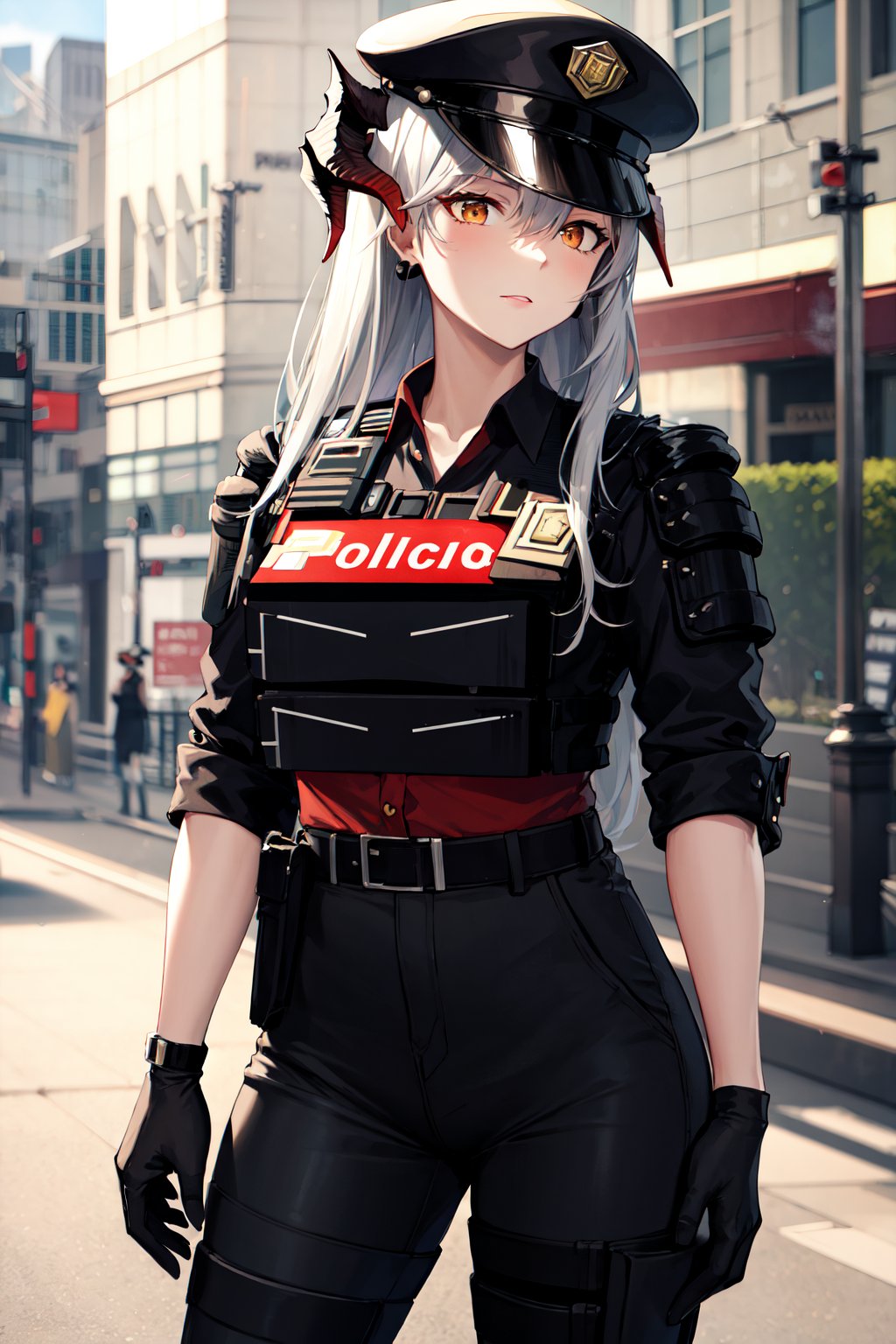 masterpiece, best quality, highres, aasaria, long hair, horns, police hat, black headwear, police uniform, tactical clothes, black shirt, collared shirt, walkie-talkie, sleeves rolled up, single glove, black gloves, belt, black pants, knee pads, <lora:saria_(arknights)_v1:0.8>, standing, cowboy shot, street, arms at sides,