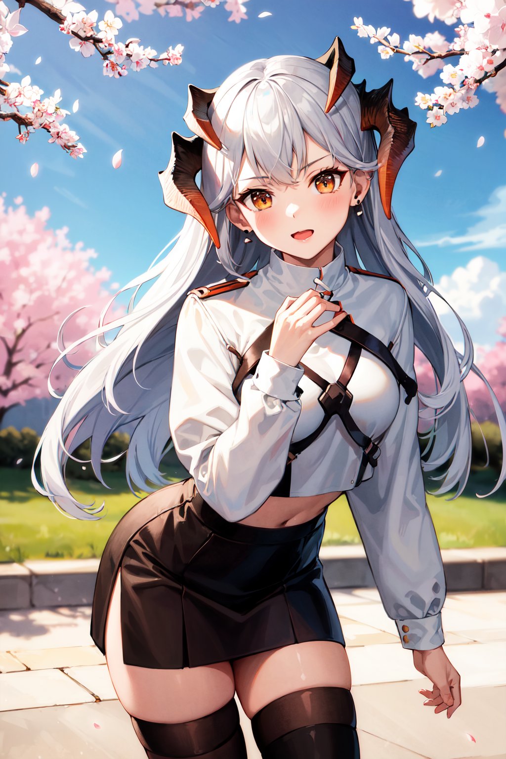 masterpiece, best quality, highres, aasaria, long hair, horns, earrings, white shirt, long sleeves, puffy sleeves, black skirt, thigh strap, single thighhigh, black thighhighs, <lora:saria_(arknights)_v1:0.8>, standing, leaning forward, cherry blossoms, outdoors, cowboy shot, 