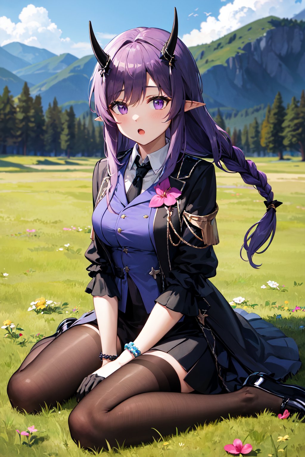 masterpiece, best quality, highres, aahibis, long hair, purple hair, braid, pointy ears, horns, black necktie, purple shirt, black jacket, open clothes, pink flower, long sleeves, bracelet, black gloves, half gloves, black skirt, black pantyhose, <lora:hibiscus_the_purifier_v1:0.7>, wariza, :o, grass, field,