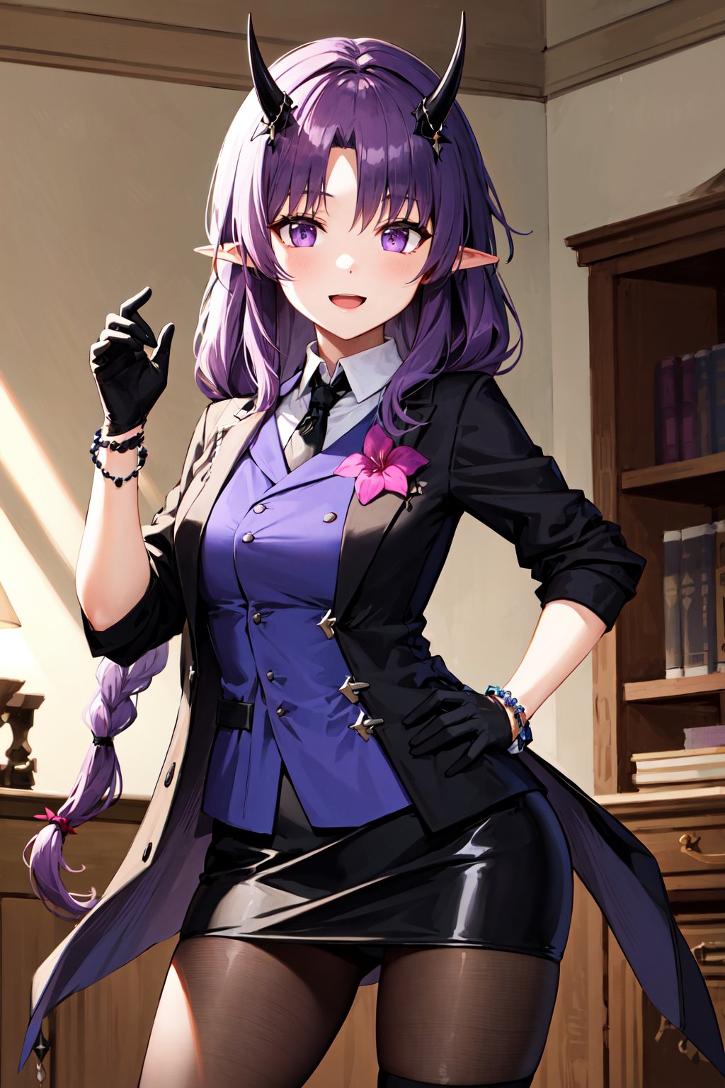 masterpiece, best quality, highres, aahibis, long hair, purple hair, braid, pointy ears, horns, black necktie, purple shirt, black jacket, open clothes, pink flower, long sleeves, bracelet, black gloves, half gloves, black skirt, black pantyhose, <lora:hibiscus_the_purifier_v1:0.7>, indoors, hand on hip, smile, open mouth, 