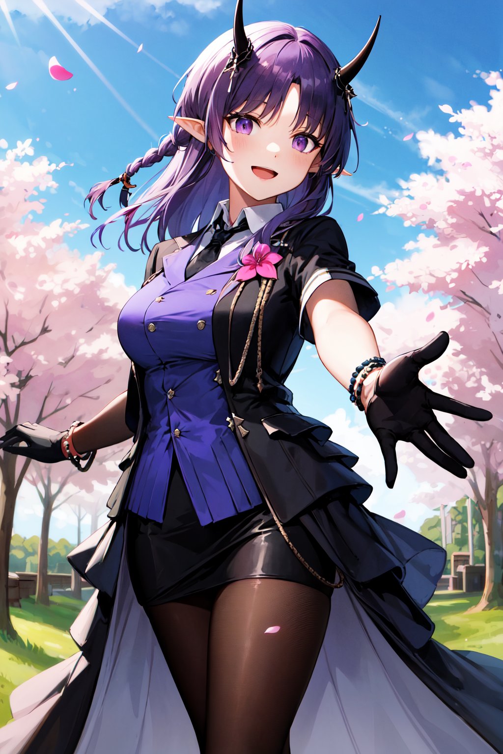 masterpiece, best quality, highres, aahibis, long hair, purple hair, braid, pointy ears, horns, black necktie, purple shirt, black jacket, open clothes, pink flower, long sleeves, bracelet, black gloves, half gloves, black skirt, black pantyhose, <lora:hibiscus_the_purifier_v1:0.7>, outstretched arms, cherry blossoms, outdoors, petals, standing, cowboy shot, smile, open mouth, 