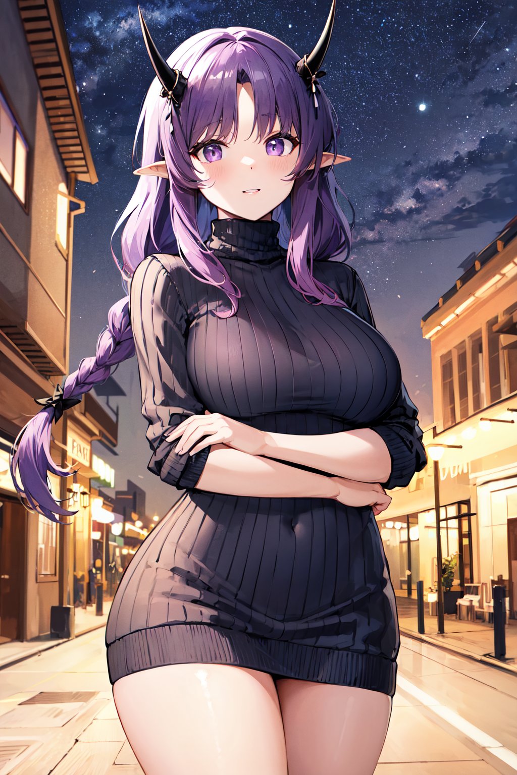 masterpiece, best quality, highres, aahibis, long hair, purple hair, braid, pointy ears, horns, <lora:hibiscus_the_purifier_v1:0.7>, sweater dress, ribbed sweater, turtleneck, street, night, standing, cowboy shot,