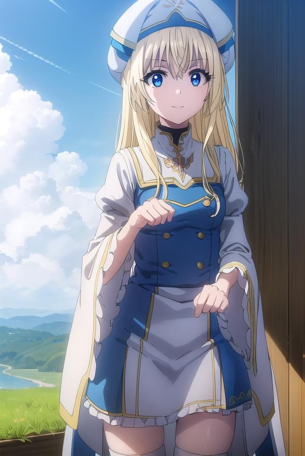priestess, <lyco:priestesss2-lyco-nochekaiser:1>, priestess, blonde hair, blue eyes, long hair, hair between eyes, (small breast:1.2), smile,BREAK boots, dress, frilled sleeves, frills, hat, white headwear, pelvic curtain, high heels, robe, thigh boots, thighhighs, white thighhighs, long sleeves, puffy sleeves,BREAK outdoors, nature, forest, grass, sky, sun, cloud,BREAK looking at viewer, (cowboy shot:1.5),BREAK <lyco:GoodHands-beta2:1>, (masterpiece:1.2), best quality, high resolution, unity 8k wallpaper, (illustration:0.8), (beautiful detailed eyes:1.6), extremely detailed face, perfect lighting, extremely detailed CG, (perfect hands, perfect anatomy),