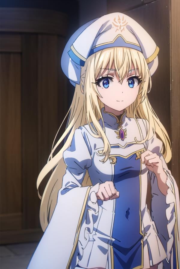 priestess, <lyco:priestesss2-lyco-nochekaiser:1>, priestess, blonde hair, blue eyes, long hair, hair between eyes, (small breast:1.2), smile,BREAK boots, dress, frilled sleeves, frills, hat, white headwear, pelvic curtain, high heels, robe, thigh boots, thighhighs, white thighhighs, long sleeves, puffy sleeves,BREAK indoors, church,BREAK looking at viewer, (cowboy shot:1.5),BREAK <lyco:GoodHands-beta2:1>, (masterpiece:1.2), best quality, high resolution, unity 8k wallpaper, (illustration:0.8), (beautiful detailed eyes:1.6), extremely detailed face, perfect lighting, extremely detailed CG, (perfect hands, perfect anatomy),
