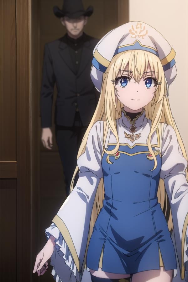 priestess, <lyco:priestesss2-lyco-nochekaiser:1>, priestess, blonde hair, blue eyes, long hair, hair between eyes, (small breast:1.2), smile,BREAK boots, dress, frilled sleeves, frills, hat, white headwear, pelvic curtain, high heels, robe, thigh boots, thighhighs, white thighhighs, long sleeves, puffy sleeves,BREAK indoors, church,BREAK looking at viewer, (cowboy shot:1.5),BREAK <lyco:GoodHands-beta2:1>, (masterpiece:1.2), best quality, high resolution, unity 8k wallpaper, (illustration:0.8), (beautiful detailed eyes:1.6), extremely detailed face, perfect lighting, extremely detailed CG, (perfect hands, perfect anatomy),