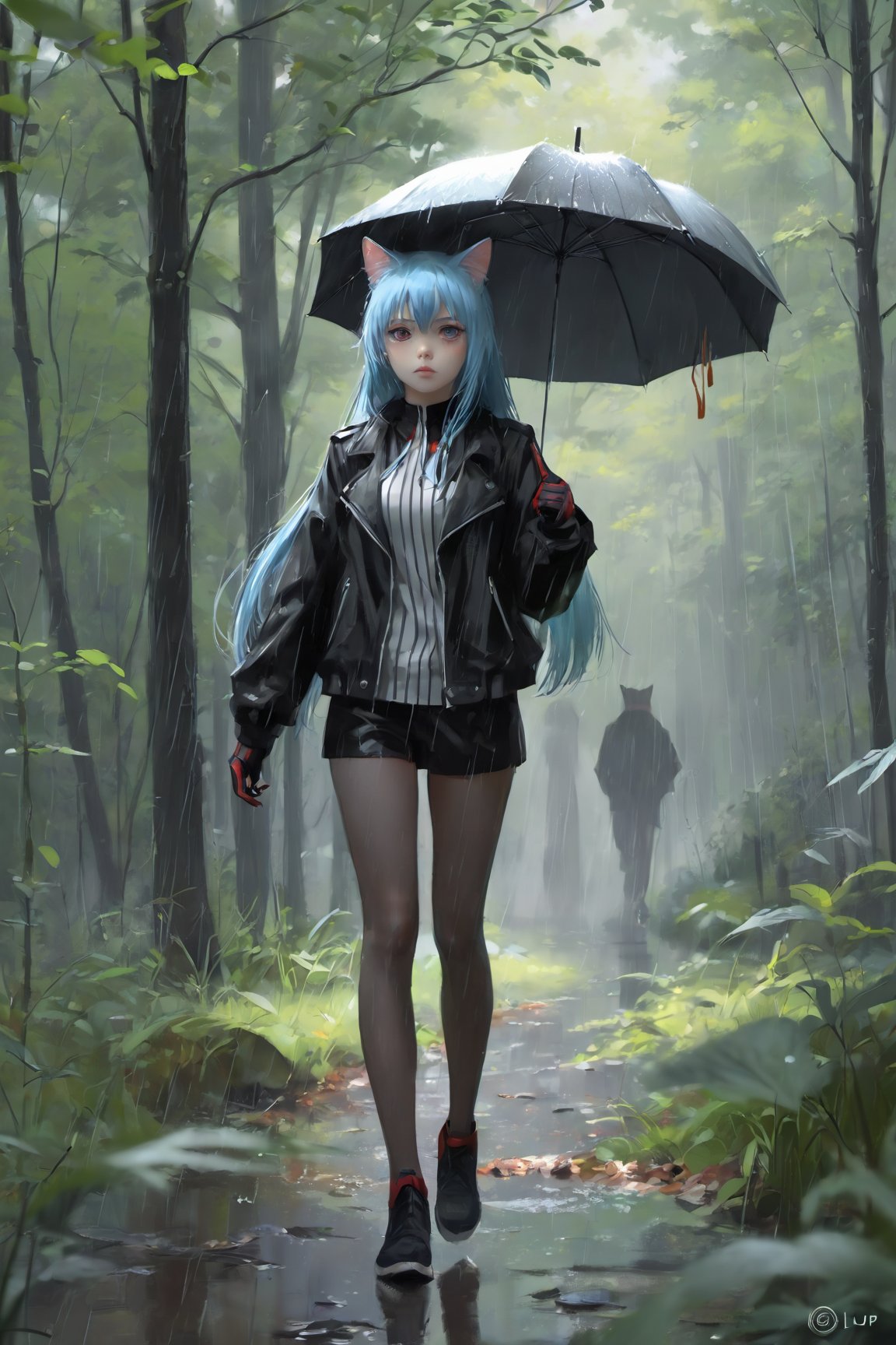 real anime, girl with long hair and cat ears, full body, sky blue hair, black jacket with white stripes, in the rain in the forest, sharp focus, digital painting, artstation, concept art, dynamic lighting, vibrant colors, illustration, art by wlop and artgerm and greg rutkowski and alphonse mucha, anime art, and makoto shinkai