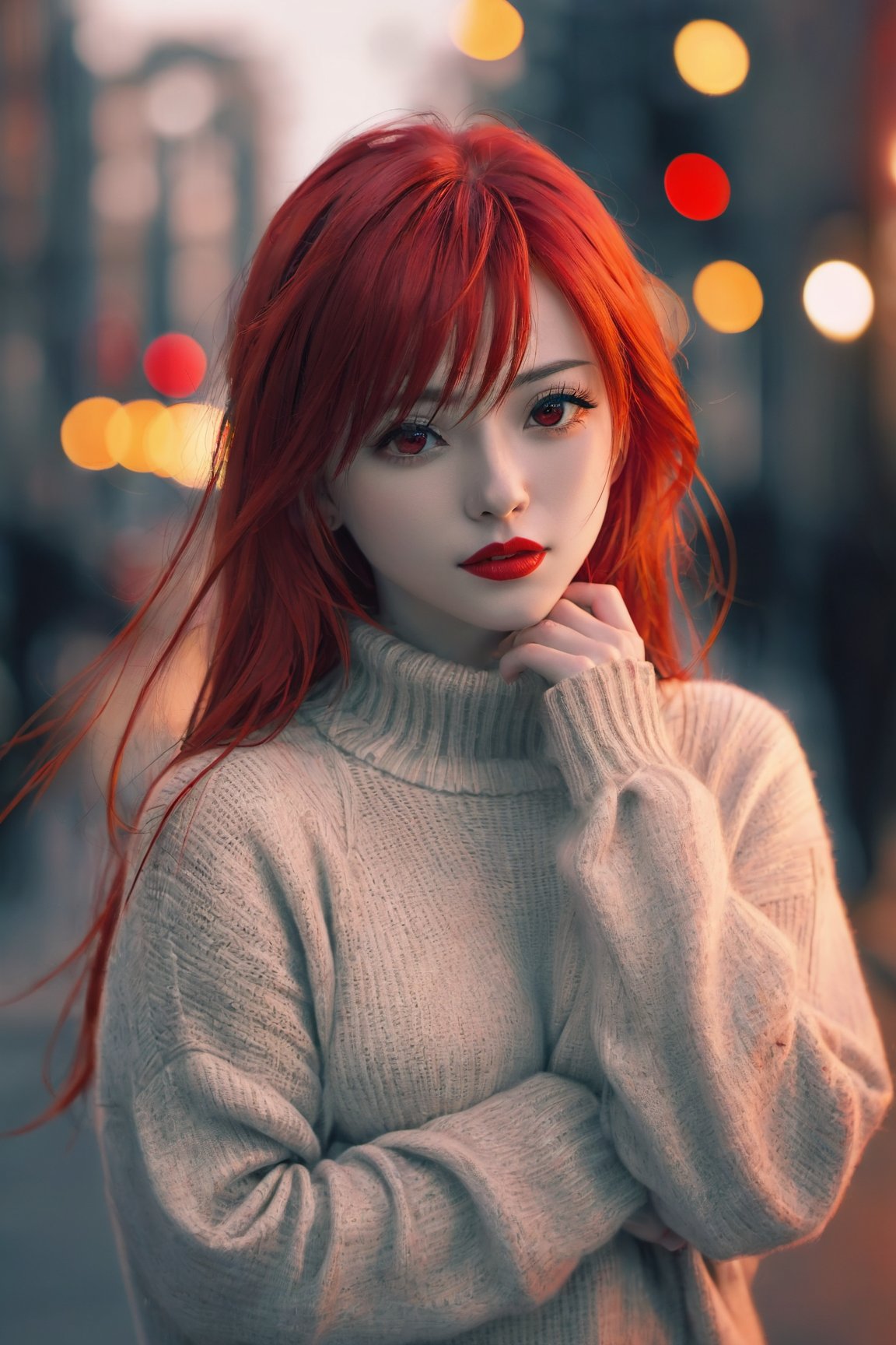 red long hair, a photo of sds,a woman,looking at viewer,red lips,front view,close-up,wearing sweater,cinematic,film grain,bokeh,red neon,bokeh,city street,rim light,dimly lit,DOF,soft lighting, ,ultrasharp,8k,uhd,dslr,masterpiece,extremely sharp, real anime 
