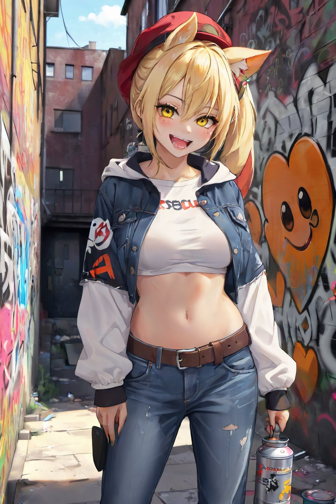 Original Character, Volumetric Lighting, Best Shadows, Shallow Depth of Field, Portrait Of Stunningly Beautiful Girl, Petite, Delicate Beautiful Attractive Face With Alluring Yellow Eyes, Messy Painted Face, Sharp Eyebrows, Broadly Smiling, Open Mouth, Fangs Out, Lovely Medium Breasts, Layered Long Twintail Blond Hair, Blush Eyeshadow, Thick Eyelashes, Applejack Hat, Oversized Pop Jacket, Mini Underboob Tee, Open Navel, Slim Waist, Denim Jeans Pants, With Buckle Belt, In The Graffiti Alley, Waste Container, Outside Stairs, Outdoor Unit, Holding Spray Paint Can, Standing, (Highest Quality, Amazing Details:1.25), (Solo:1.3), real anime 