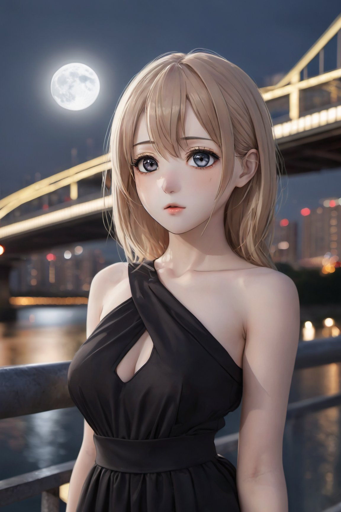 a woman, (realistic), (hyperrealism), (photorealistic), depth of field, adult, (upper body:1.2), (narrow waist), eye makeup:0.5, looking at the viewer, portrait photo, black dress, at the bridge, moonrise, real anime