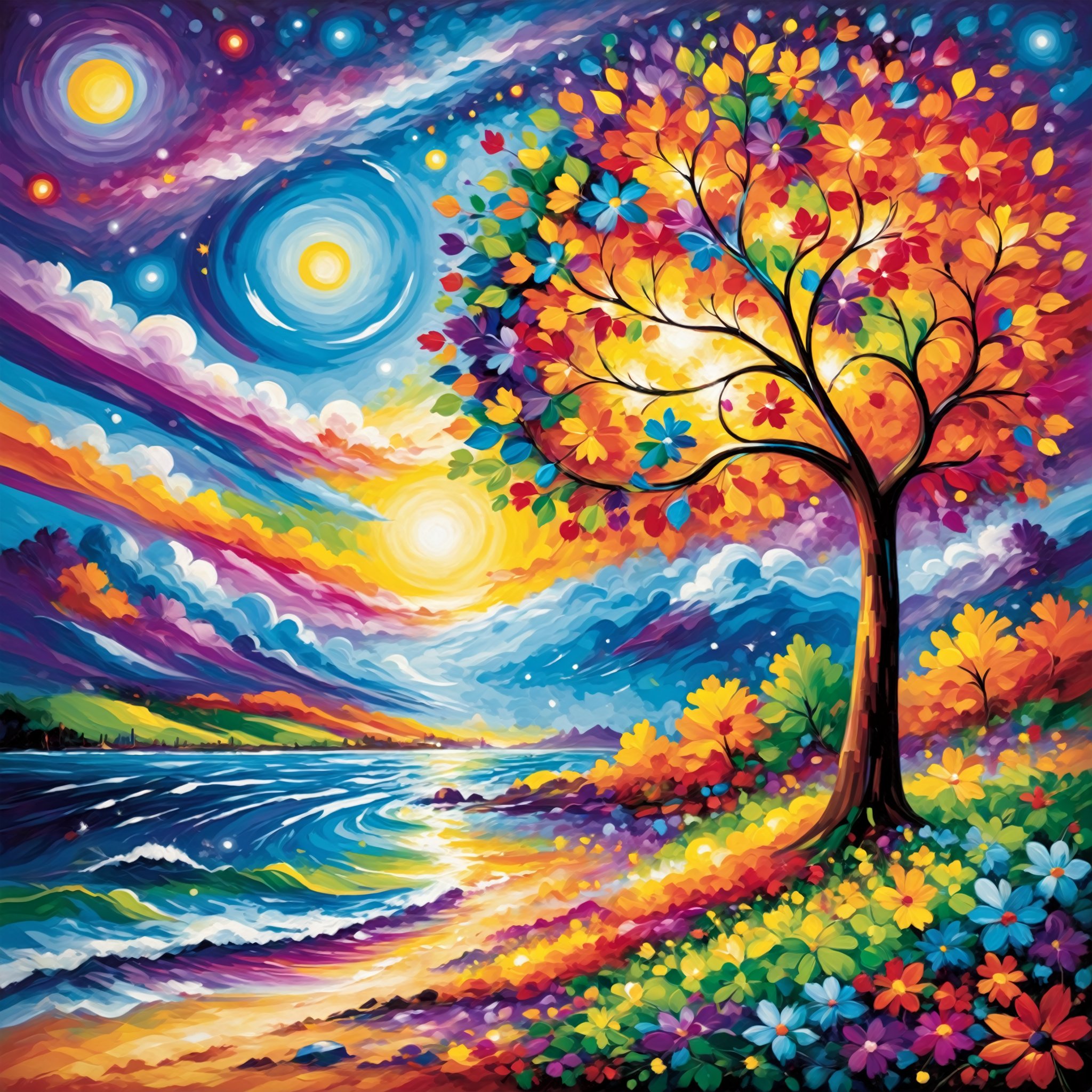 Create a lively and colorful artwork that celebrates the beauty of a vibrant world. Use a rich spectrum of hues to express positivity and joy. Let your imagination run free, infusing intricate details and dynamic energy into your creation to captivate viewers. Colourful Artie Style