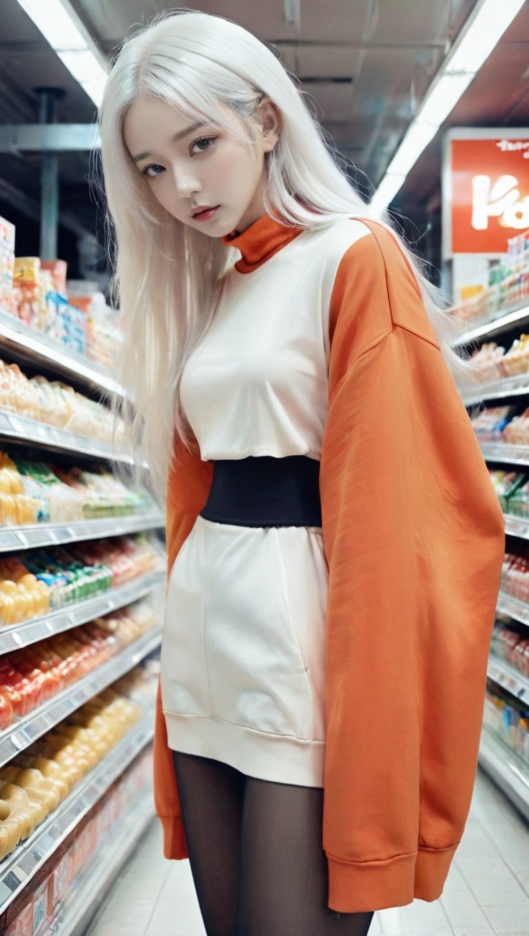 <lora:xl-shanbailing-1106model:1>,bailing_model,1girl,solo,stylish_pose,white hair,full_body,hoodie,convenience store,