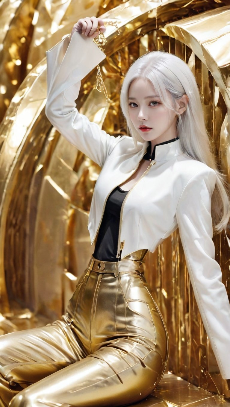 <lora:xl-shanbailing-1106model:1>,bailing_model,1girl,solo,stylish_pose,gold,white hair,