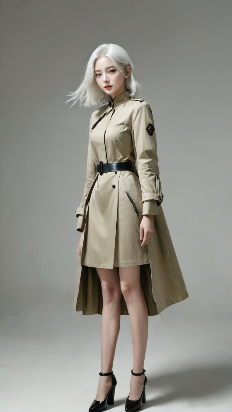 <lora:xl-shanbailing-1106model:1>,bailing_model,1girl,solo,stylish_pose,white hair,khaki,
