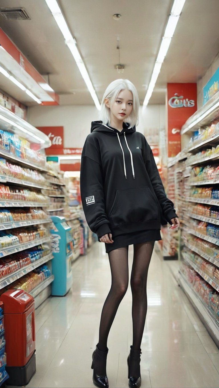 <lora:xl-shanbailing-1106model:1>,bailing_model,1girl,solo,stylish_pose,white hair,full_body,hoodie,convenience store,