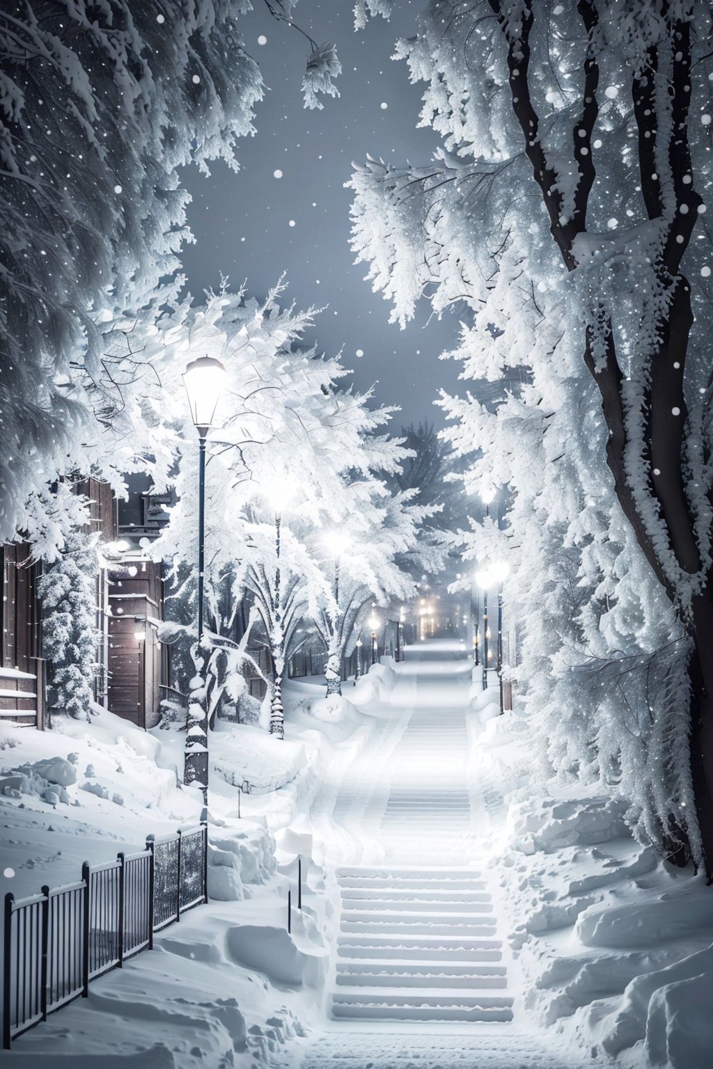  Best quality,8k,cg,no humans, snow, stairs, tree, scenery, outdoors, lamppost, snowing, blue theme, winter, sky, night, bare tree, monochrome