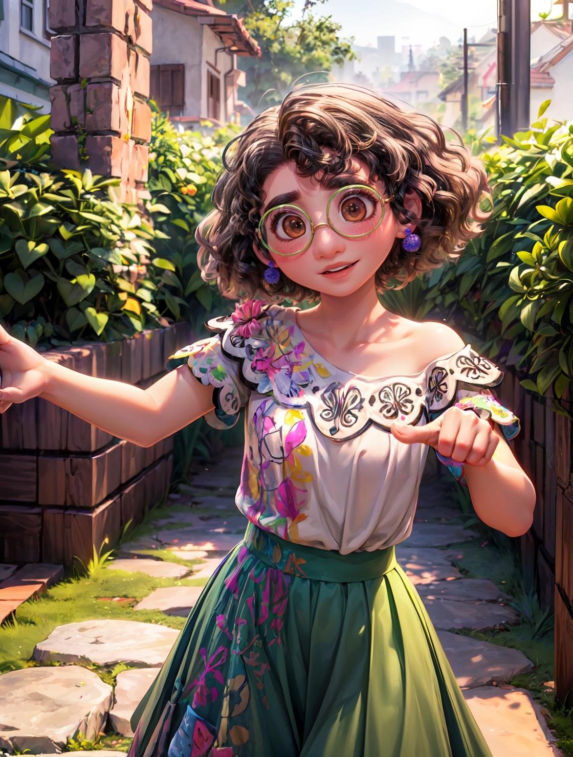 (masterpiece, best quality, tradiotional media:1.4), 1girl, mirabel madrigal, glasses, smile, looking at viewer, white blouse,green skirt, <lora:MirabelMadrigal_v1:1>,  <lora:add_detail:1>