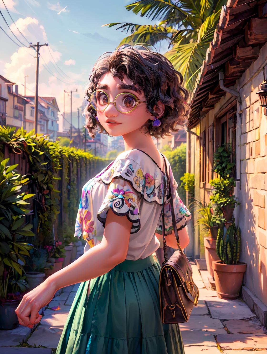 (masterpiece, best quality, tradiotional media:1.4), 1girl, mirabel madrigal, glasses, smile, looking at viewer, white blouse,green skirt, <lora:MirabelMadrigal_v1:1>,  <lora:add_detail:1>