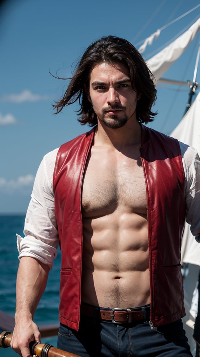 Holding a rapier an adult male pirate with long swept back brown hair, light blue eyes, stumbled facial hair, 1820s era white shirt and red vest, chest hair, holding a rapier, chest hair, 8k, cinematic lighting, island background