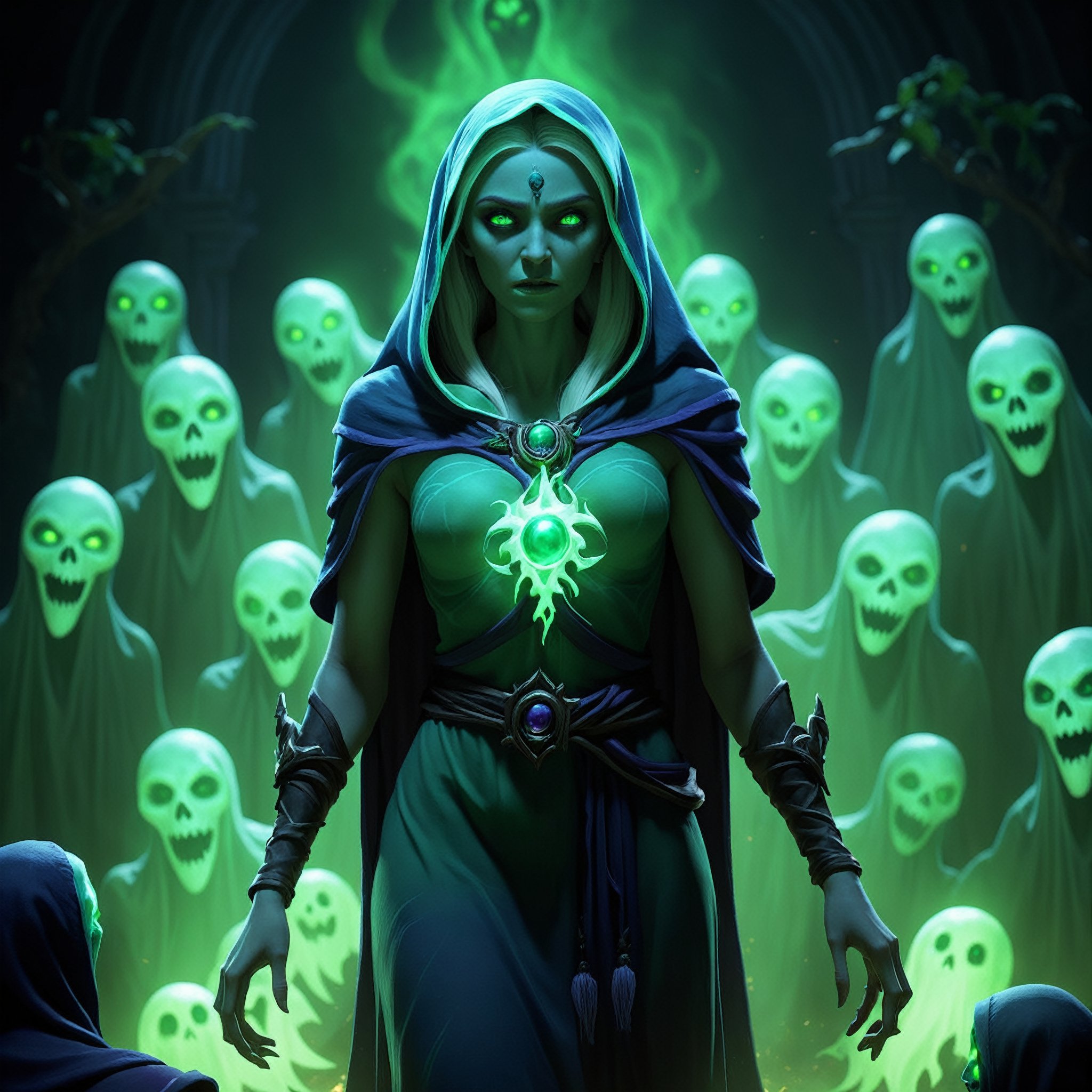 "death prophet" from Dota2 surrounded by her ghosts,  glowing green eyes,  full body shot,  cinematic lighting,  gloomy mood,  horror