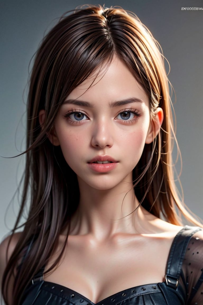 Generate hyper realistic image of a beautiful woman looking directly at the viewer. Her brown hair frames her face, and her captivating brown eyes express a natural charm. The parted lips reveal a glimpse of teeth, while subtle freckles add a touch of realism. This detailed and realistic portrayal highlights the beauty of her features.