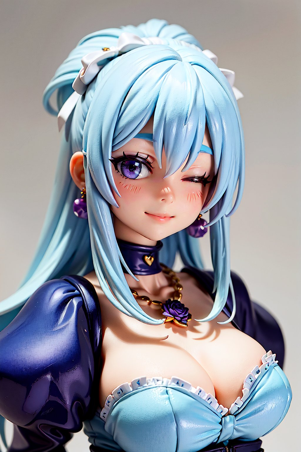 masterpiece, high quality, best quality, beautiful, perfect lighting, detailed face, detailed body, 1 girl, solo, ((Light blue hair)), purple eyes, flower in hair, blue underwear, (tight body), medium breasts, open neckline, necklace, earrings, bows in hair, smile, ((one eye closed)), rose bushes in the background,