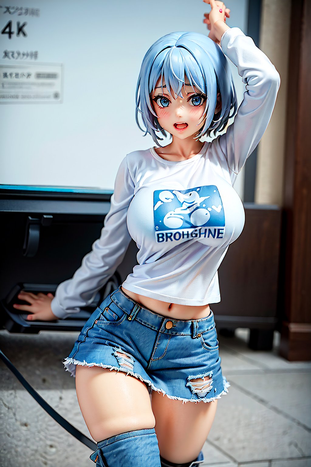 masterpiece, high quality, best quality, beautiful, perfect lighting, detailed face, detailed body, young woman running towards viewer, laughing, feisty, ((Young woman), (short woman), silver-colored hair, (page boy cut), expressive blue eyes, (gigantic breasts), (long-sleeve t-shirt with the words "sugoi dekai" printed on the front), (short light blue denim skirt:1.3), (opaque black leggings), (mini brown boots)), wind, street, dynamic lighting, volumetric lighting, high detail, movie still, cinematic, 4K 8K, cinestill, depth of field, breathtaking, national geographic, magestic, elegant, beautiful, grimmer, emotional, atmospheric, sensual form, erotic, intimate, healthy skin, sexy, sigma 35mm, sharp focus
